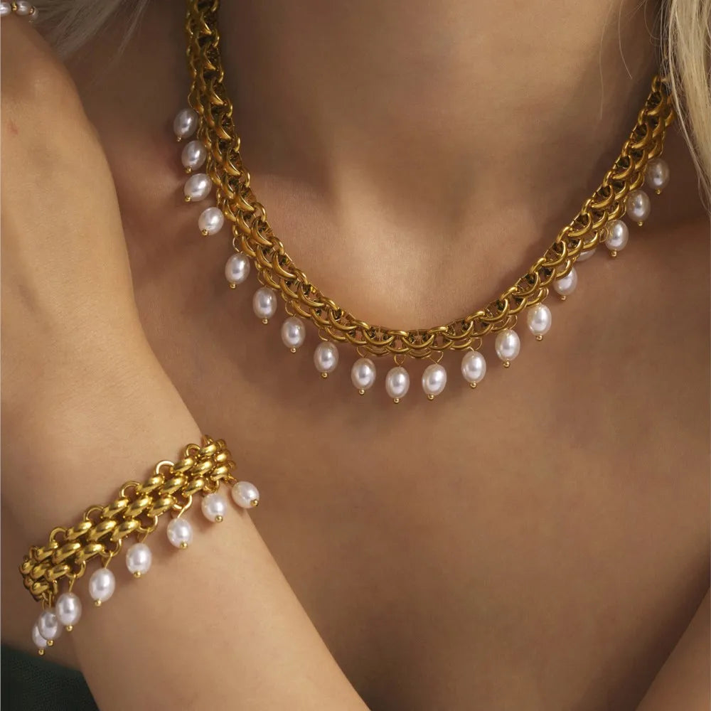 Lucia Gole Pearl Drop Gold Chain Necklace & Bracelet Set