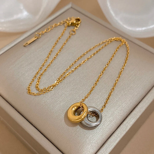 Lucia Gole Vintage Gold Plated Double Circle Pendant Necklace – Stainless Steel Geometric Choker for Women