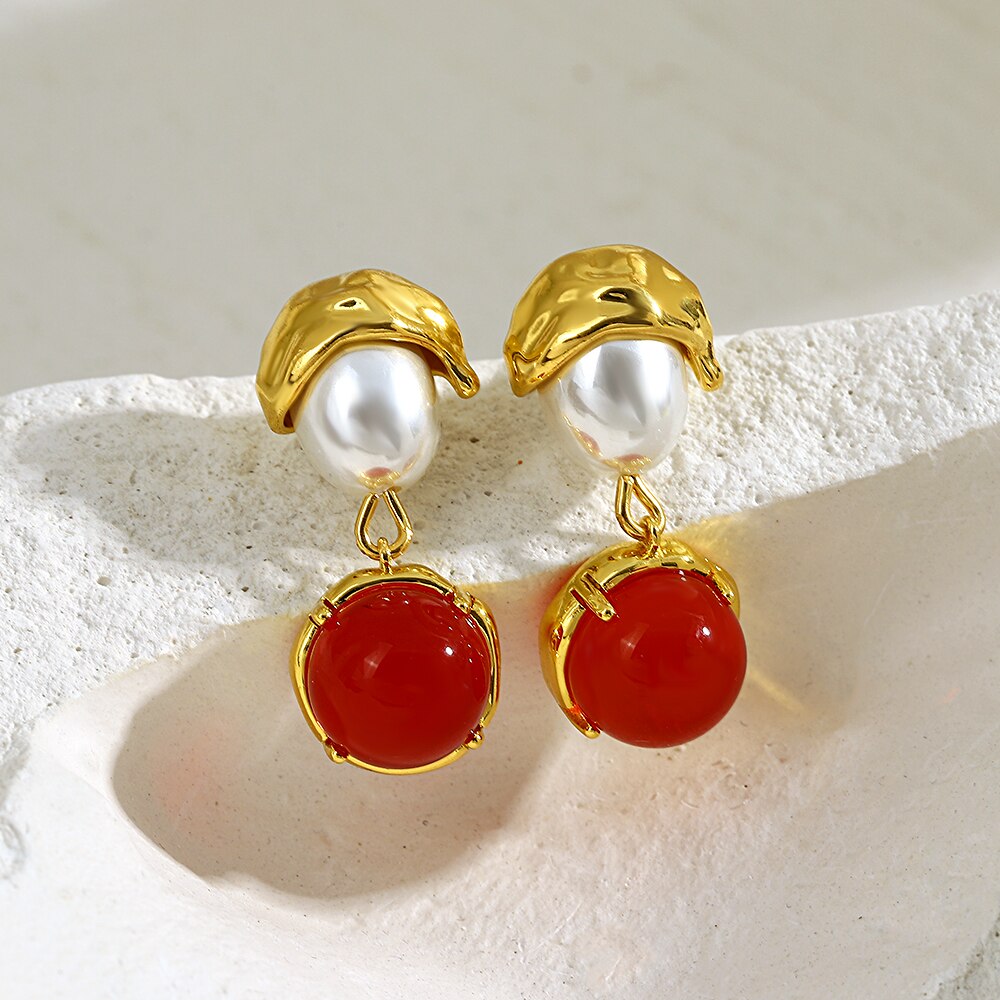 Lucia Gole: Vintage Round Red Pearl Drop Earrings - Retro Statement Dangle Earrings - Lucia Gole