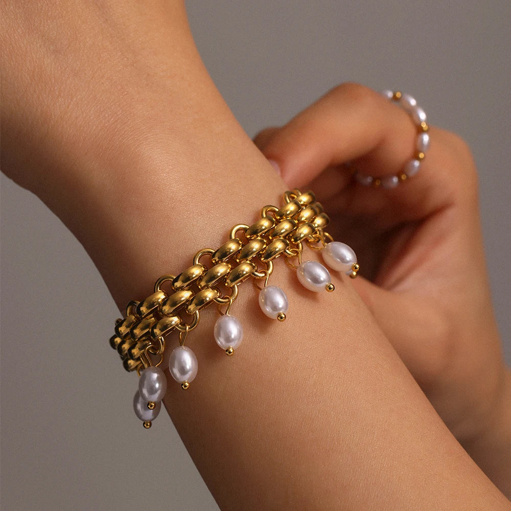 Lucia Gole Pearl Drop Gold Chain Necklace & Bracelet Set