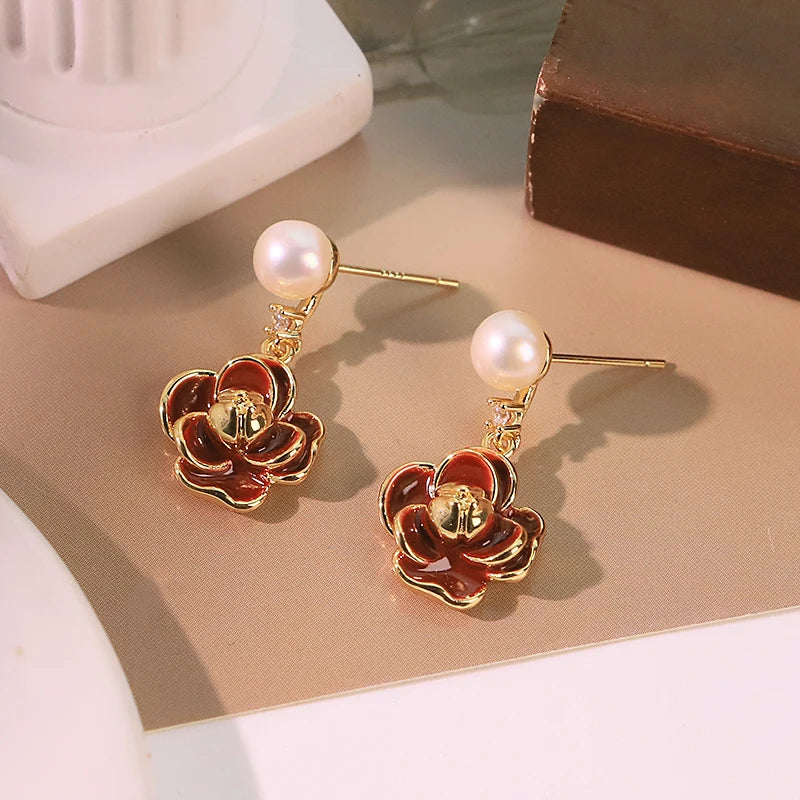 Lucia Gole - Red Flower Pearl Earrings