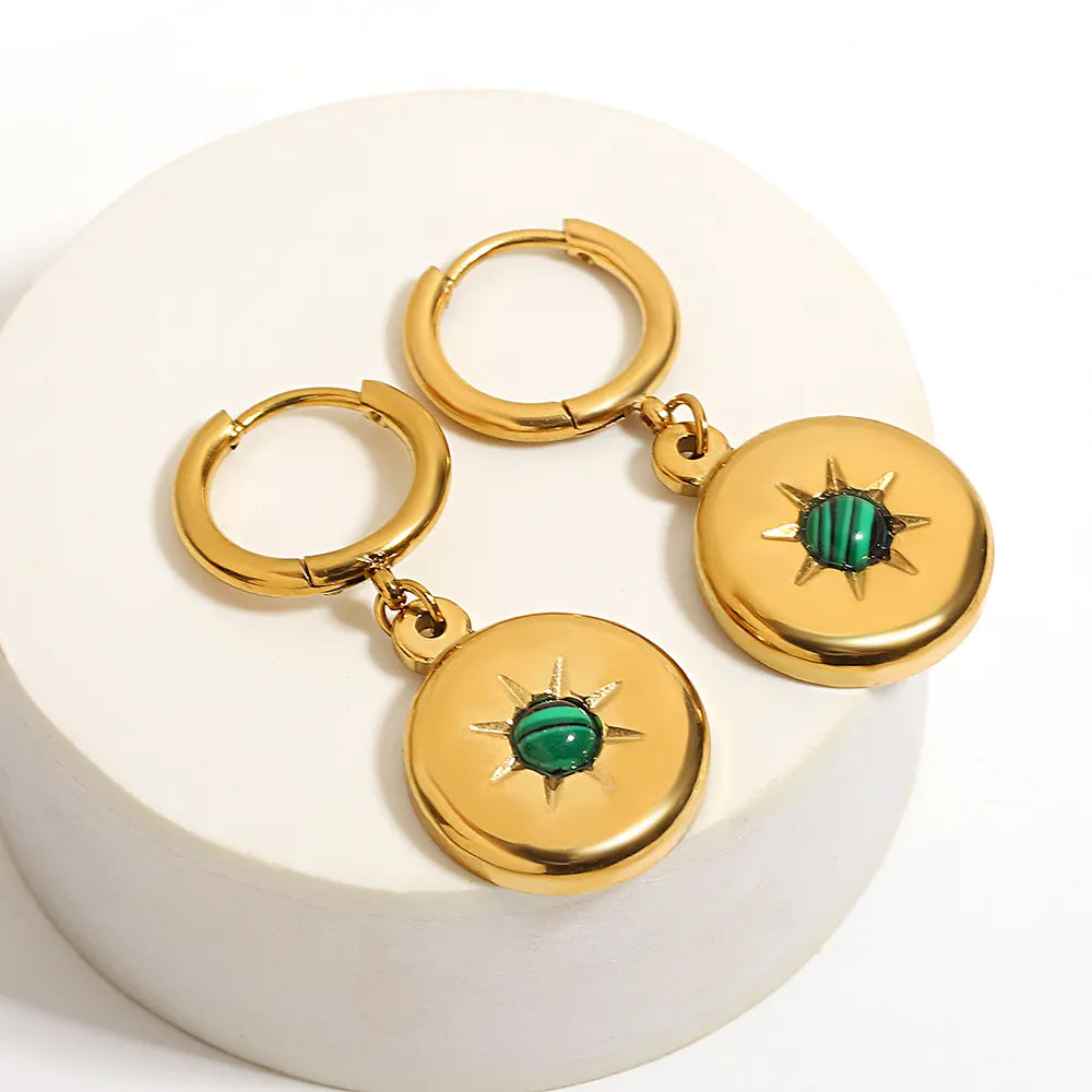 Lucia Gole: Stainless Steel Gold Color Blue Green Stone Round Pendant Hoop Earrings - Lucia Gole