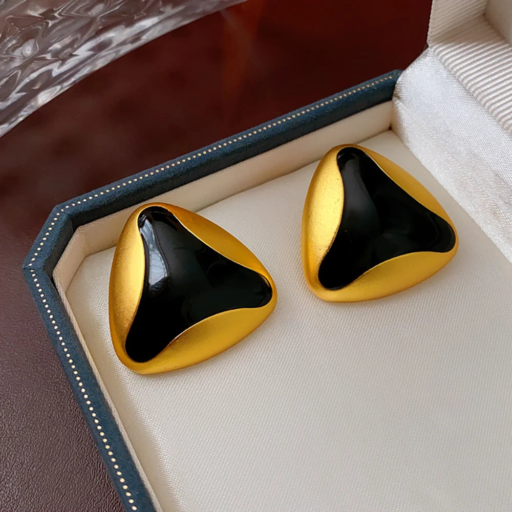 AENSOA Vintage Black Enamel Triangle Geometric Big Stud Earrings Retro Earring for Women Girls Gold Plated Party Trendy Jewelry - Lucia Gole