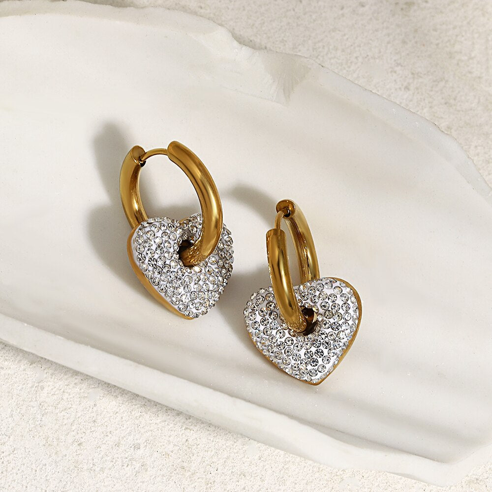 Lucia Gole: Rhinestones Heart Charm Hoop Earrings - Lucia Gole