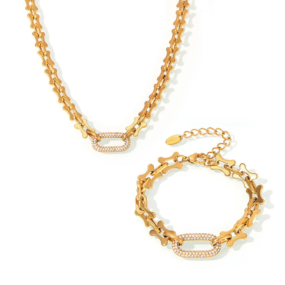 Lucia Gole  Gold Plated Hip-Hop Chain Set – Stainless Steel Necklace & Bracelet with Zircon Pendant