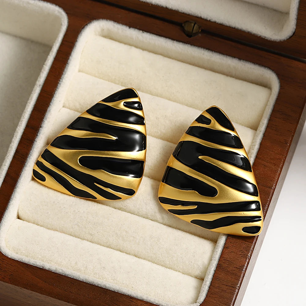 AENSOA Retro Black Enamel Zebra Triangle Large Stud Earrings for Women Vintage Metal Geometric Earring Jewelry 2023 New France - Lucia Gole