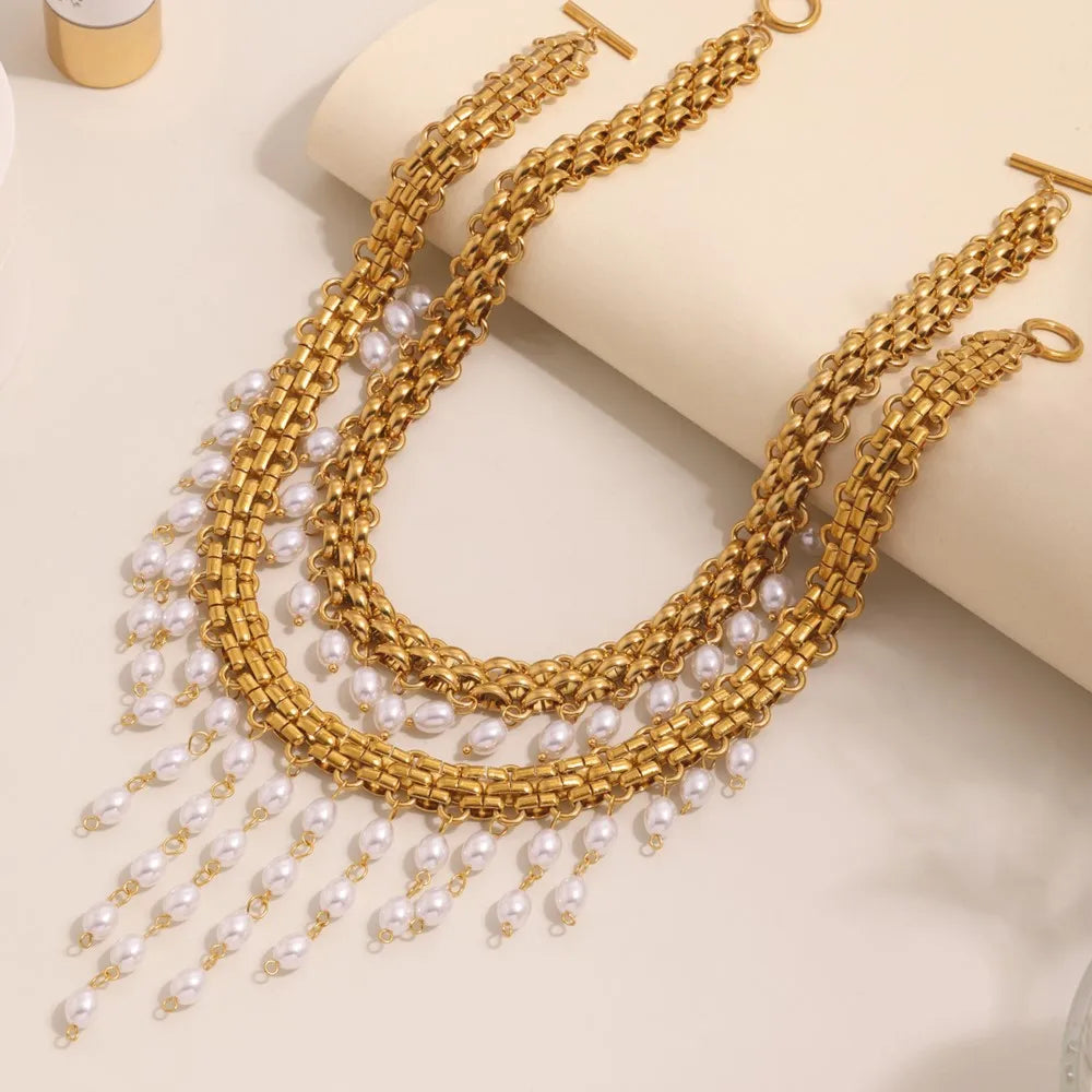 Lucia Gole Pearl Drop Gold Chain Necklace & Bracelet Set