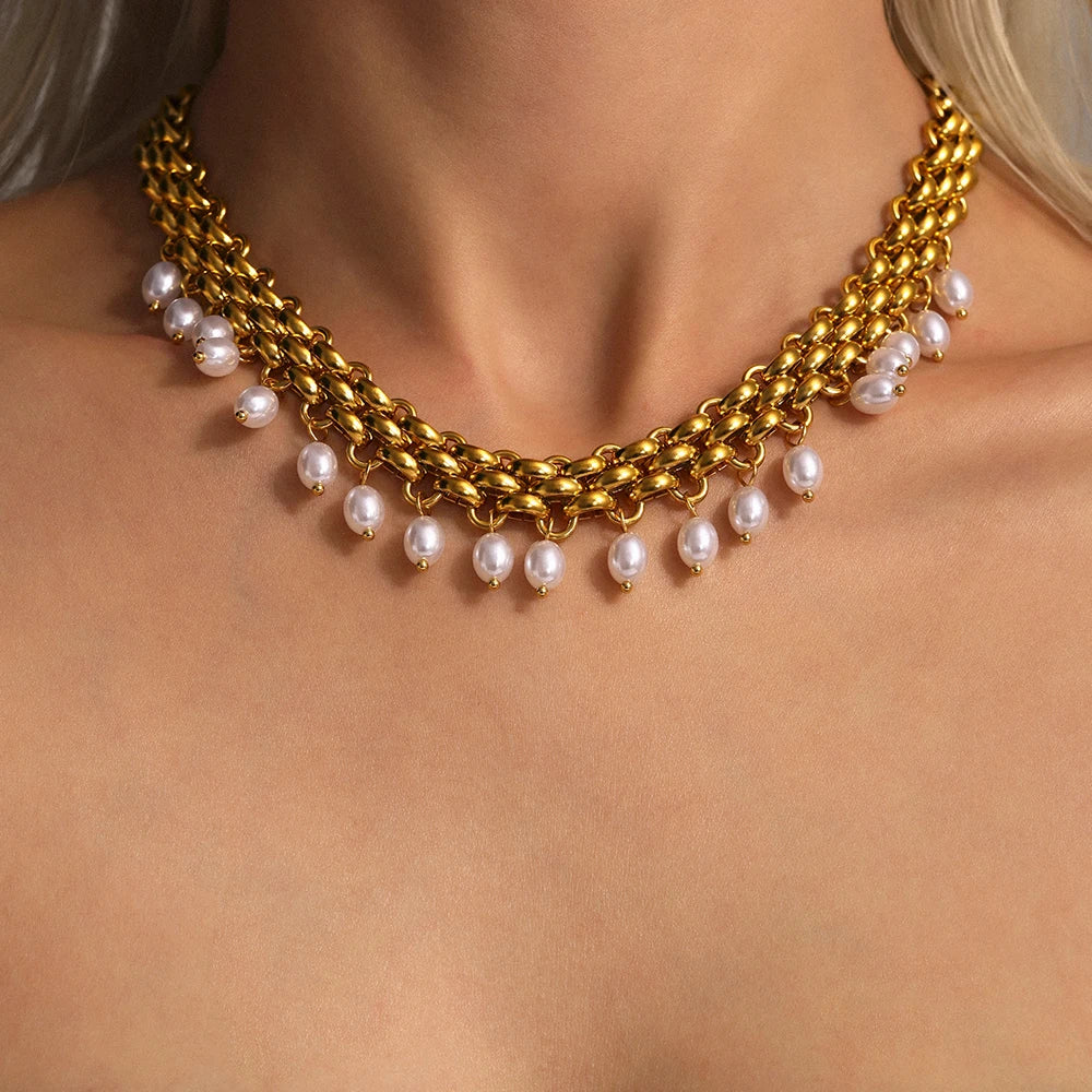 Lucia Gole Pearl Drop Gold Chain Necklace & Bracelet Set