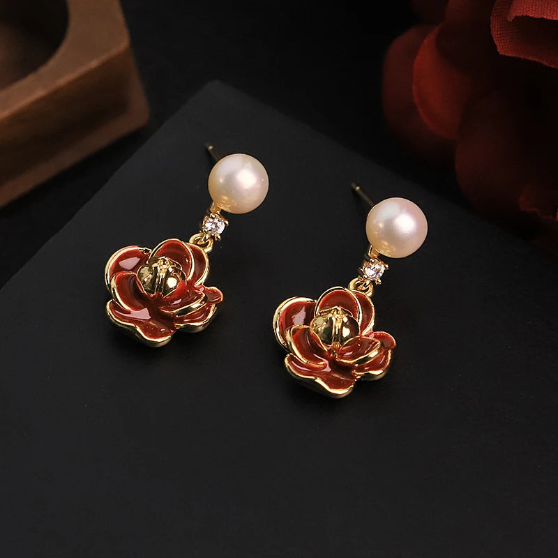 Lucia Gole - Red Flower Pearl Earrings