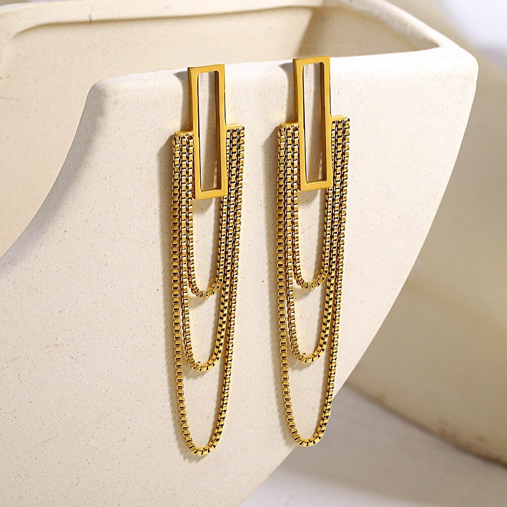 Lucia Gole Long Tassel Gold Color Rectangle Hanging Drop Earrings - Lucia Gole