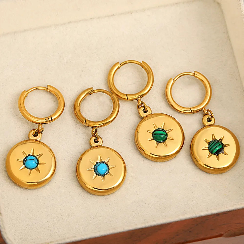 Lucia Gole: Stainless Steel Gold Color Blue Green Stone Round Pendant Hoop Earrings - Lucia Gole