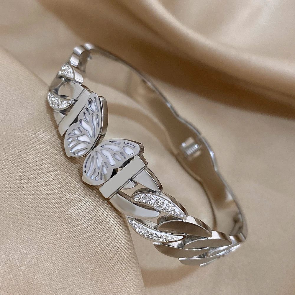 Lucia Gole: Chunky Stainless Steel Zircon Cuban Chain Butterfly Bangle - Lucia Gole