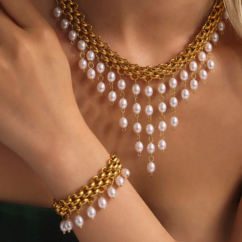 Lucia Gole Pearl Drop Gold Chain Necklace & Bracelet Set