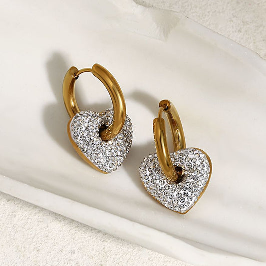 Lucia Gole: Rhinestones Heart Charm Hoop Earrings - Lucia Gole